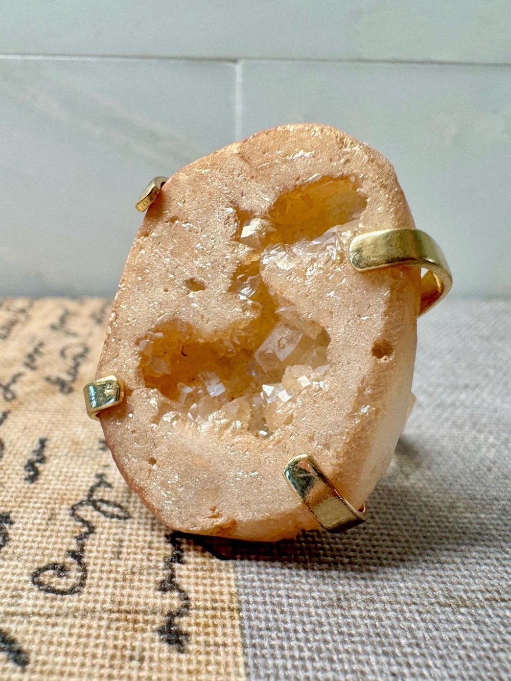 New Natural Mini Geode Rose Gold Aura Effect Druzy Adjustable Gold Tone Ring